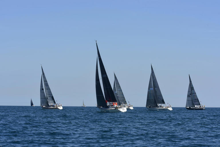 Sailboats set sail during the start of the Bayview Mackinac Race on Lake Huron in Port Huron on Saturday, July 16, 2022.