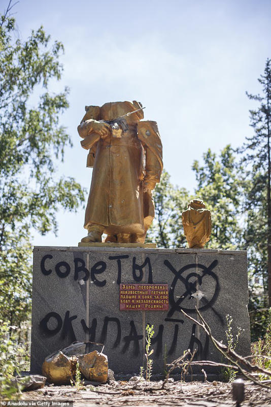 A destroyed statue in Chasiv Yar, Ukraine on July 06, 2024