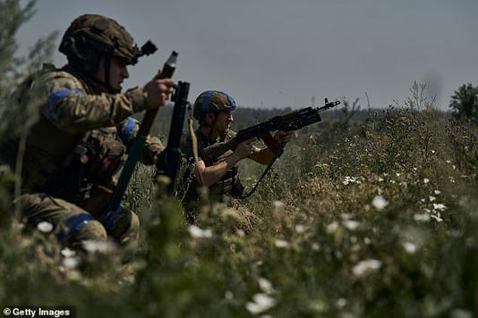 Ukrainian infantry fire at Russian positions on the zero line of the front in prepared trenches 100 meters from the Russian trenches on July 5, 2025 in the direction of Toretsk region