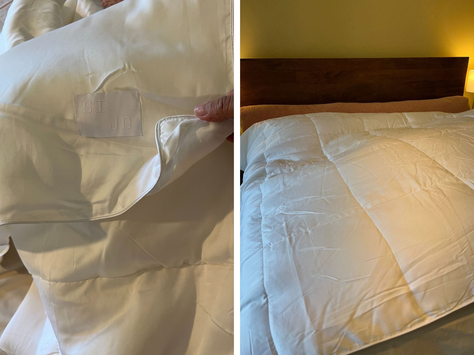 side by side of the sijo logo close up and the comforter on a bed