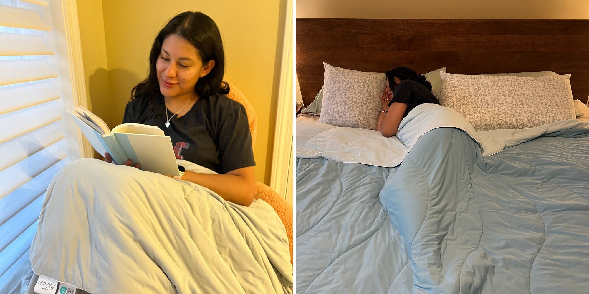 side by side of a woman curled up reading a book under a cooling blanket and another of the same woman lying in bed underneath a cooling blanket
