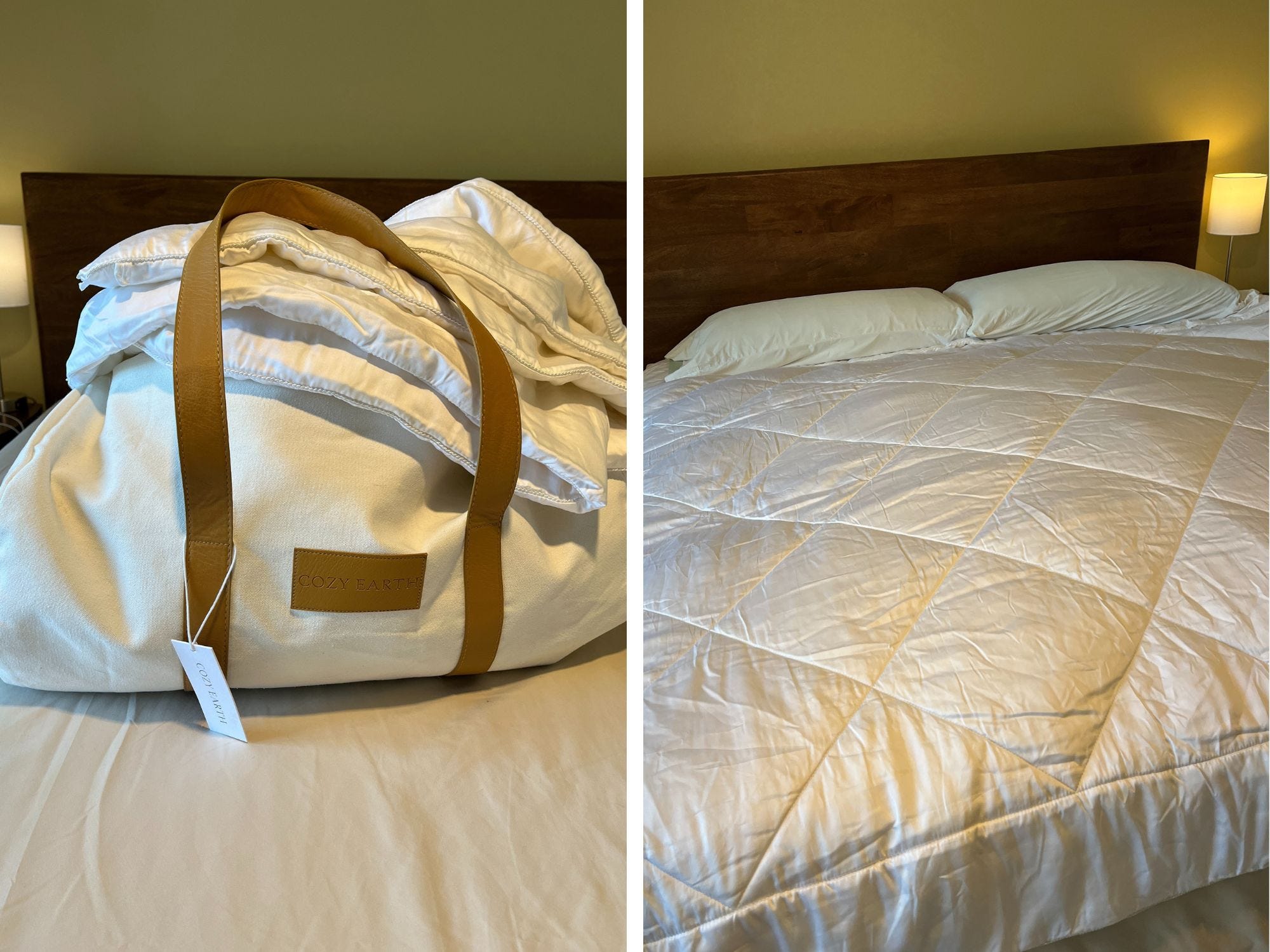 side by side of the cozy earth packaging and the blanket on the bed