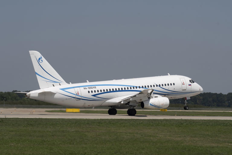 The Sukhoi Superjet 100 of Gazprom Avia that crashed near Moscow on Friday, July 12, 2024 takes off at Krasnodar International Airport outside Krasnodar, Russia, Saturday, July 10, 2021. The plane crashed while flying without passengers, killing its crew of three. Officials said it was heading to Moscow's Vnukovo airport after repairs at an aircraft-making plant in Lukhovitsy 110 kilometers (68 miles) southeast of the Russian capital. (AP Photo/Alexander Lebedev)