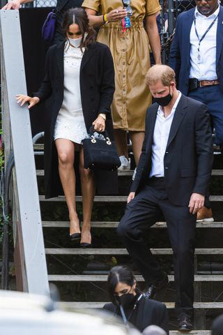 Gotham/GC Images Meghan Markle and Prince Harry leave the the Global Citizen concert in Central Park on September 25, 2021 in New York City.