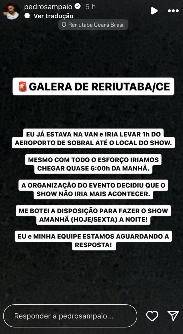 Pedro Sampaio diz que sugeriu remarcação de show cancelado. Foto: @pedrosampaio via Instagram