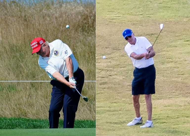 Former President Donald Trump golfs at the Trump National Golf Club in Bedminster, New Jersey, Aug. 9, 2023, and President Joe Biden golfs in the U.S. Virgin Islands, Dec. 30, 2022.