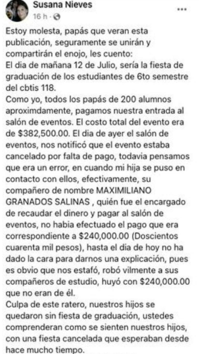 El alumno fue elegido para realizar el pago porque era mayor de edad Créditos: FB