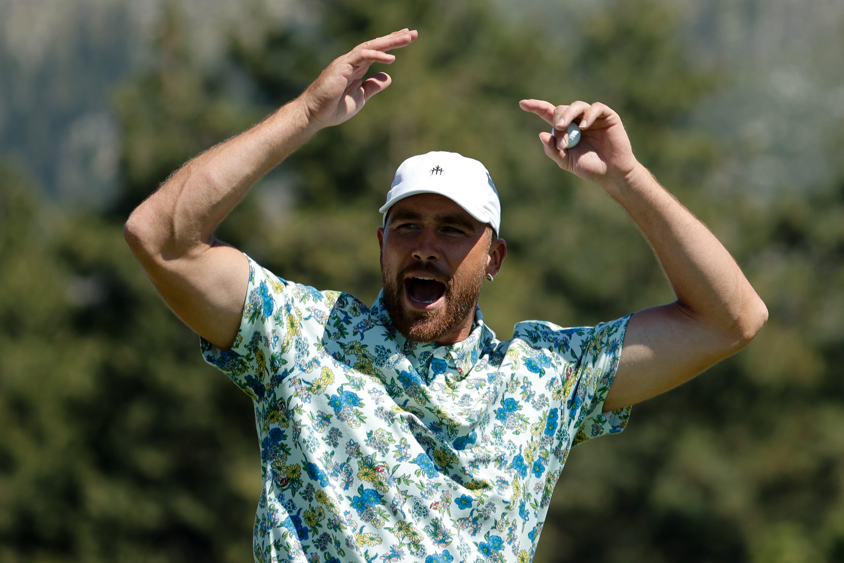 STATELINE, NV - JULY 08: NFL football player Travis Kelce reacts after his group finishes the 18th hole during Round One of the 2022 American Century Championship at Edgewood Tahoe Golf Course on July 8, 2022 in Stateline, Nevada. (Photo by Isaiah Vazquez/Clarkson Creative/Getty Images)