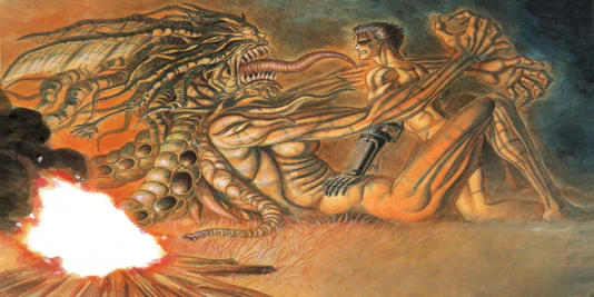 Berserk's Guts seeing a demon who is grabbing him as they both lay next to a camp fire.