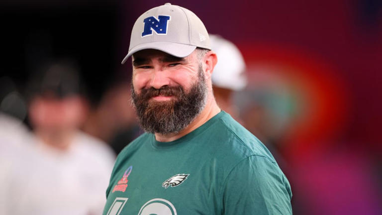 Feb 1, 2024; Orlando, FL, USA; Philadelphia Eagles center Jason Kelce (62) participates in the NFL Pro Bowl Skills Competition at the UCF NIcholson Fieldhouse. Mandatory Credit: Nathan Ray Seebeck-USA TODAY Sports | Nathan Ray Seebeck-USA TODAY Sports