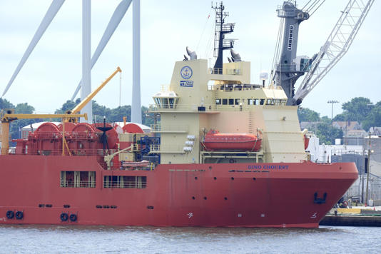 The Dino Chouest, an offshore supply ship, is docked at the Port of Providence, Wednesday, July 10, 2024, in Providence, R.I. The vessel is to be part of an expedition by Georgia-based firm RMS Titanic, Inc., to the wreckage of the RMS Titanic, the British ocean liner that sank in April of 1912. The expedition is to use modern imaging technology and remotely operated vehicles to capture detailed images of the Titanic, the wreckage site and the debris field, RMST Inc. representatives said. (AP Photo/Steven Senne)