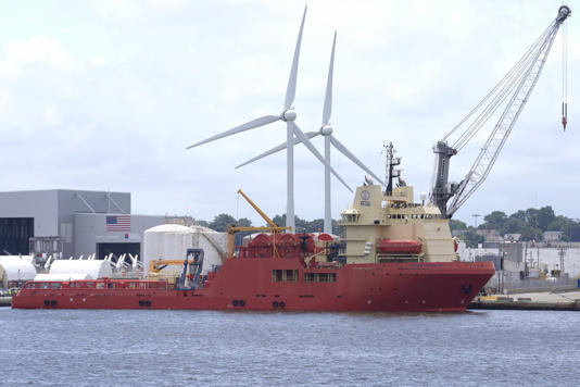 The Dino Chouest, an offshore supply ship, is docked at the Port of Providence, Wednesday, July 10, 2024, in Providence, R.I. The vessel is to be part of an expedition by Georgia-based firm RMS Titanic, Inc., to the wreckage of the RMS Titanic, the British ocean liner that sank in April of 1912. The expedition is to use modern imaging technology and remotely operated vehicles to capture detailed images of the Titanic, the wreckage site and the debris field, RMST Inc. representatives said. (AP Photo/Steven Senne)