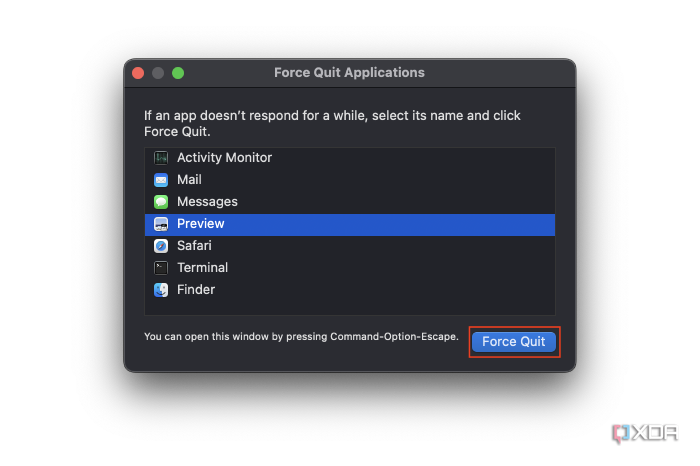 force quit button in force quit applications window on macOS