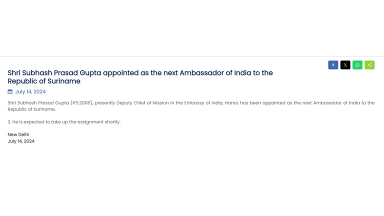 Subhash Prasad Gupta appointed as India's next ambassador to Suriname