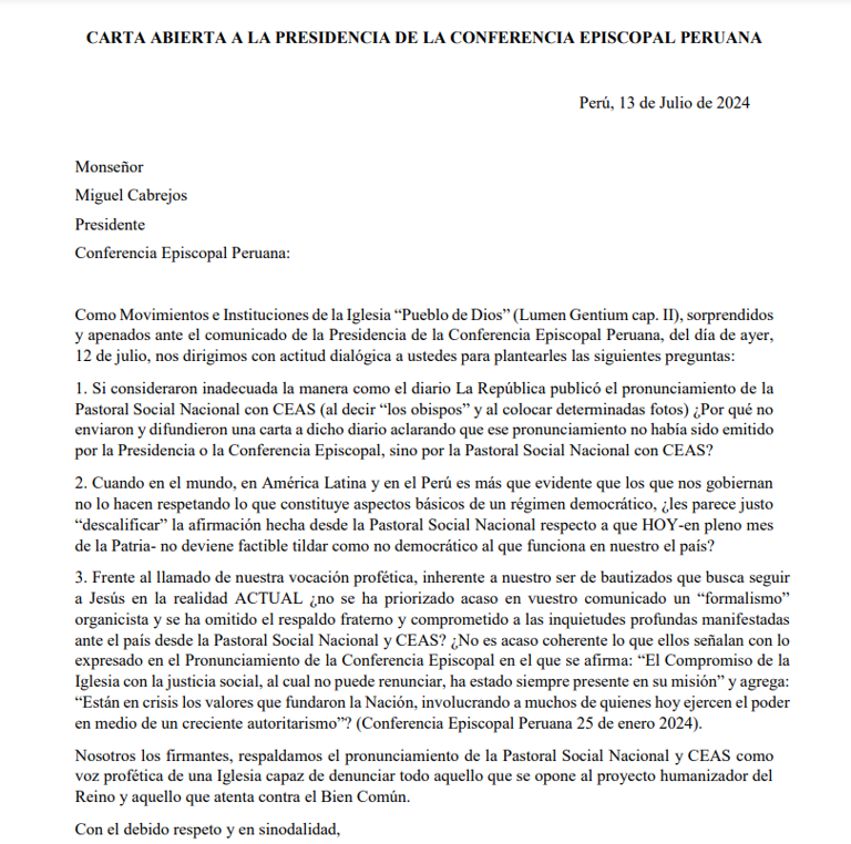 Cuestionan que Conferencia Episcopal Peruana no respalde pronunciamiento de la Pastoral Social Nacional y CEAS