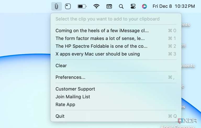 A clipboard history on macOS with CopyClip.