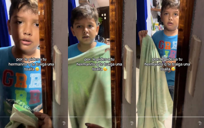 joven le pide a su hermano menor una toalla femenina y él lleva una toalla de baño | viral