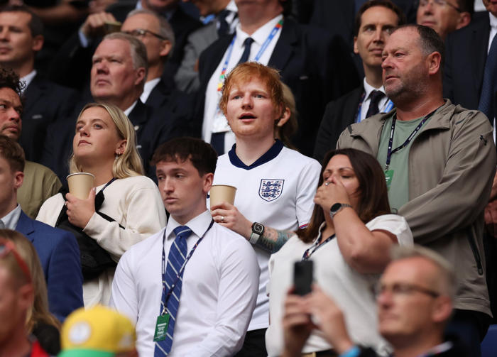 ed sheeran celebrates wildly after england's unexpected win over slovakia