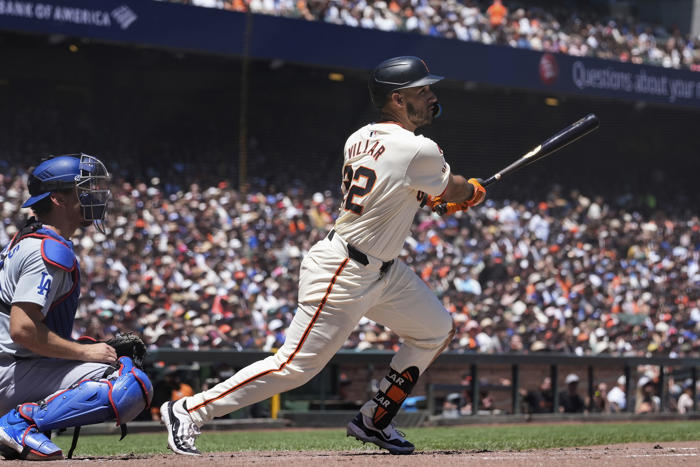 chapman homers and giants hit 10 doubles, their most since 1912, in 10-4 win over dodgers