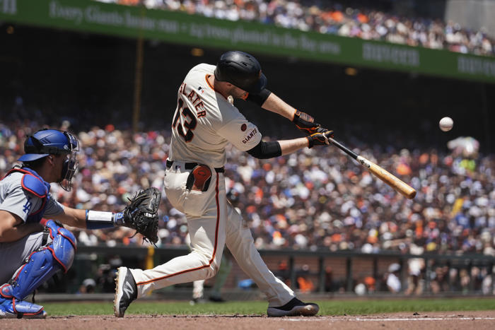 chapman homers and giants hit 10 doubles, their most since 1912, in 10-4 win over dodgers
