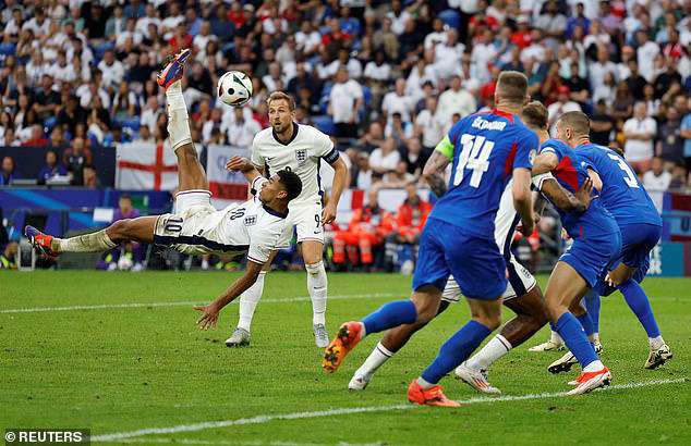 england fans hail jude bellingham's bicycle kick goal against slovakia as 'one of the best ever' after stunning slow-motion footage captures pinpoint euro 2024 salvage strike