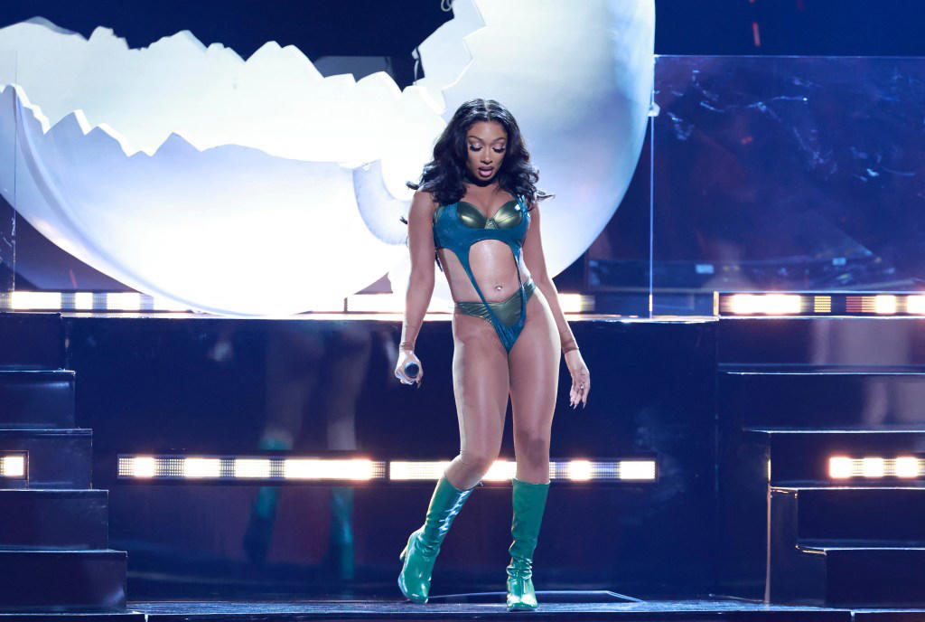 megan thee stallion takes the bet awards 2024 stage in green go-go boots