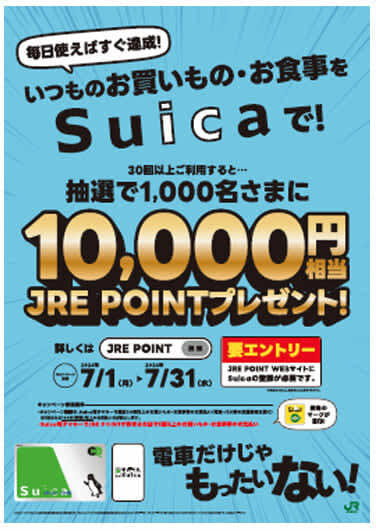 suicaを買い物などで30回使うと対象！ jre point1万円相当が当たる！