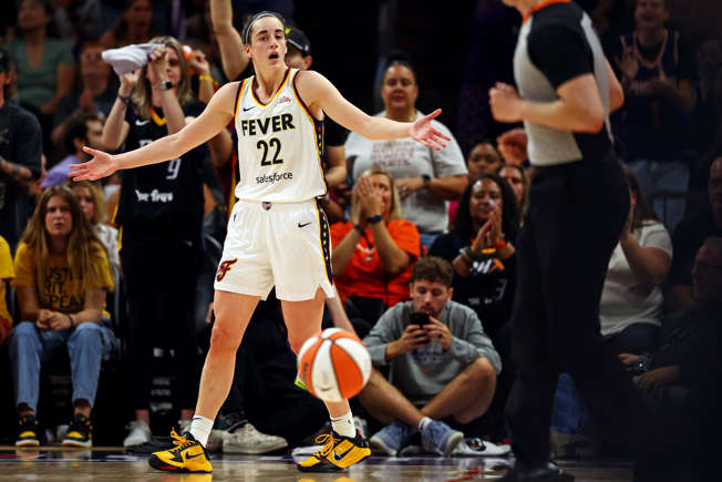 Jun 30, 2024; Phoenix, Arizona, USA; Indiana Fever guard Caitlin Clark (22) reacts to a call during the first half of the game against the Phoenix Mercury at Footprint Center. Mandatory Credit: Mark J. Rebilas-USA TODAY Sports