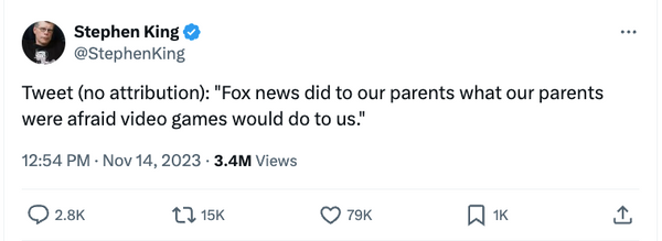 fact check: stephen king allegedly said fox news did 'what our parents were afraid video games would do to us.' here's the truth