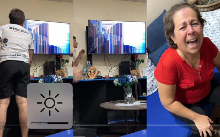 video | señora es víctima de una pesada broma: su hijo le hace creer que la televisión se había roto