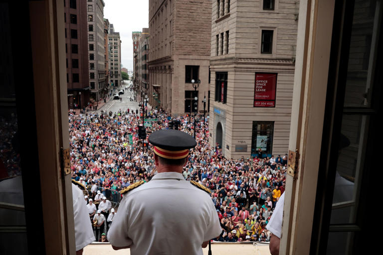 Captain Timothy Haraden of the Ancient and Honorable Artillery Company as he read the Declaration of Independence from the balcony of the Old State House during the Boston’s 247th Independence Day Celebration on July 4, 2023.