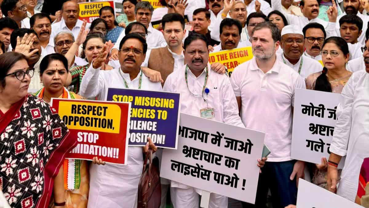 opposition mps stage protest outside parliament, accuse bjp-led nda of 'misusing' probe agencies