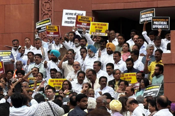 opposition mps protest in parliament premises against centre's 'misuse' of ed, cbi