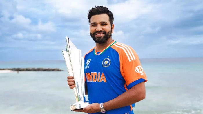 rohit sharma spends time on the beach in barbados with t20 world cup trophy