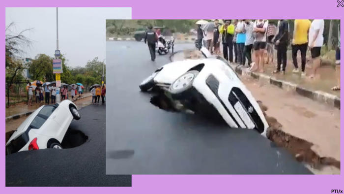 android, car trapped as crater develops on road after heavy rain hits gujarat. watch video