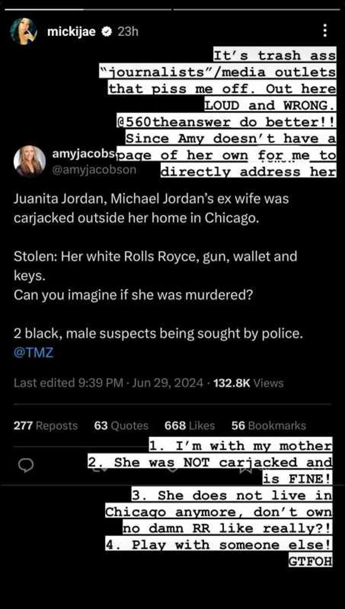 michael jordan's ex-wife denies that two black men stole her rolls-royce, gun, wallet and keys