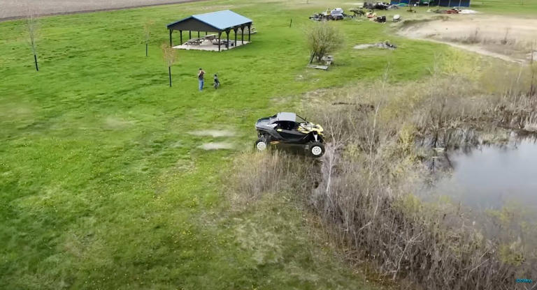 What do you get when you combine big speed, a Can-Am Maverick R, and a 20-foot-deep pond?