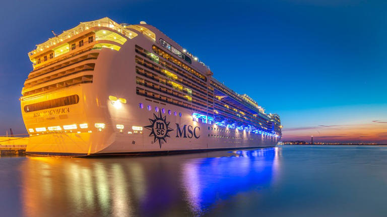 A cruise ship at sunset