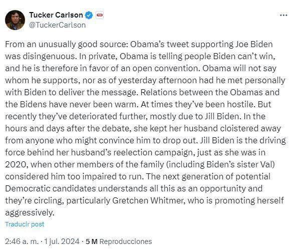 tucker carlson dice que apoyo de obama a biden “no es sincero”: “en privado, le está diciendo a la gente que no puede ganar”