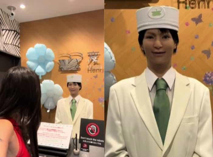 i en viral video er en spansk sjokkert over å bli møtt av roboter på et hotell i japan
