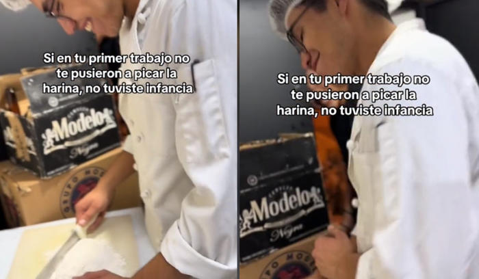 video muestra cómo a un chef primerizo le tienden una novatada haciéndole picar harina