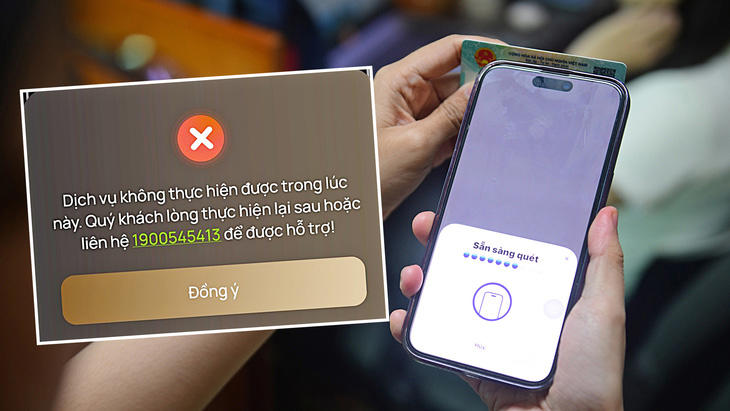 Trong ngày đầu tiên, nhiều người dùng có lúc chưa thể chuyển tiền hơn 10 triệu đồng (ảnh nhỏ) vì vẫn còn nhiều trục trặc khi quét chip trên căn cước công dân để làm sinh trắc học trên app tài khoản ngân hàng - Ảnh: QUANG ĐỊNH