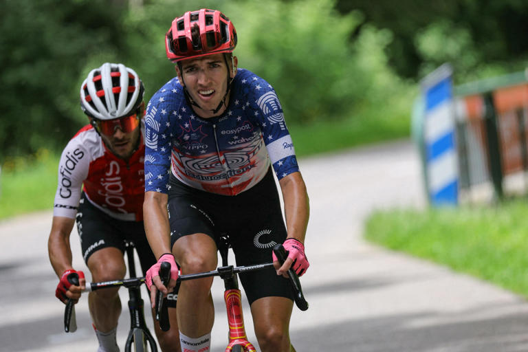 Team EF Education's US rider Sean Quinn (R) cycles in a lead breakaway in the final ascent of Plateau des Glieres, in the eighth and last stage of the 76th edition of the Criterium du Dauphine cycling race near Thorens-Glieres, French Alps, on June 9, 2024.