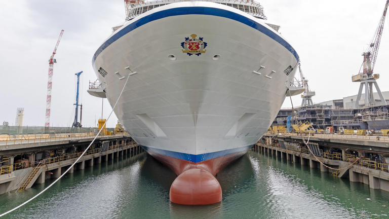 Oceania's newest ship, Allura, being floated out from the Fincantieri Shipyard in Genoa, Italy.