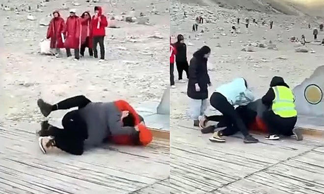 tourists fight over selfie spot while climbing mount everest