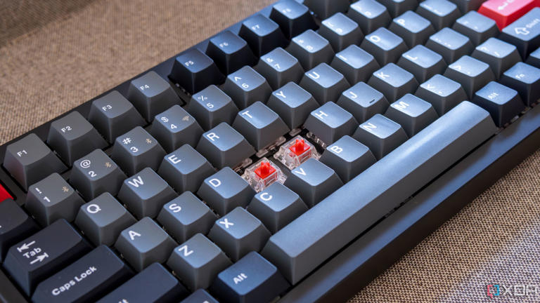 Close-up of red linear switches on a Lemokey P1 Pro keyboard