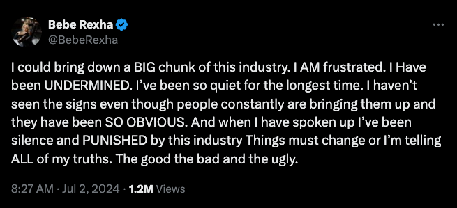 bebe rexha threatens to ‘bring down’ the music industry in furious rant: ‘i’ve been silenced’