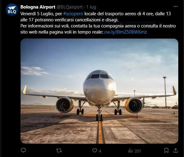 aeroporto di bologna: sciopero venerdì 5 luglio, attenzione a cancellazioni e ritardi