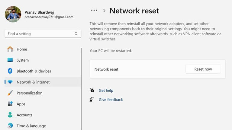 Windows 11 Network Reset settings