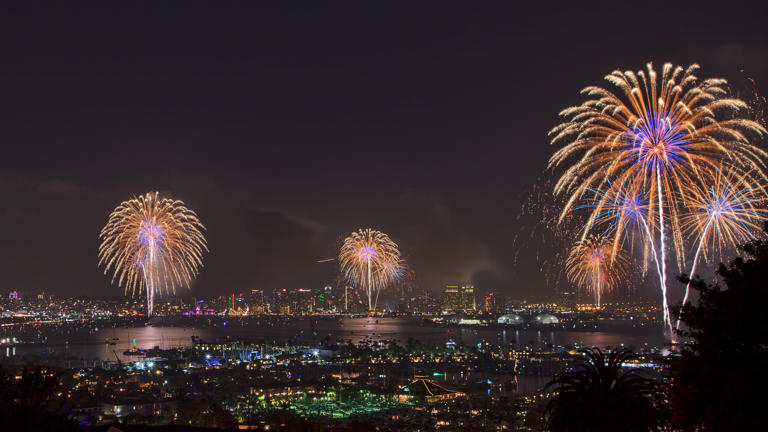 Big Bay Boom Firework show at San Diego Bay for Independence Day celebration in 2019. 